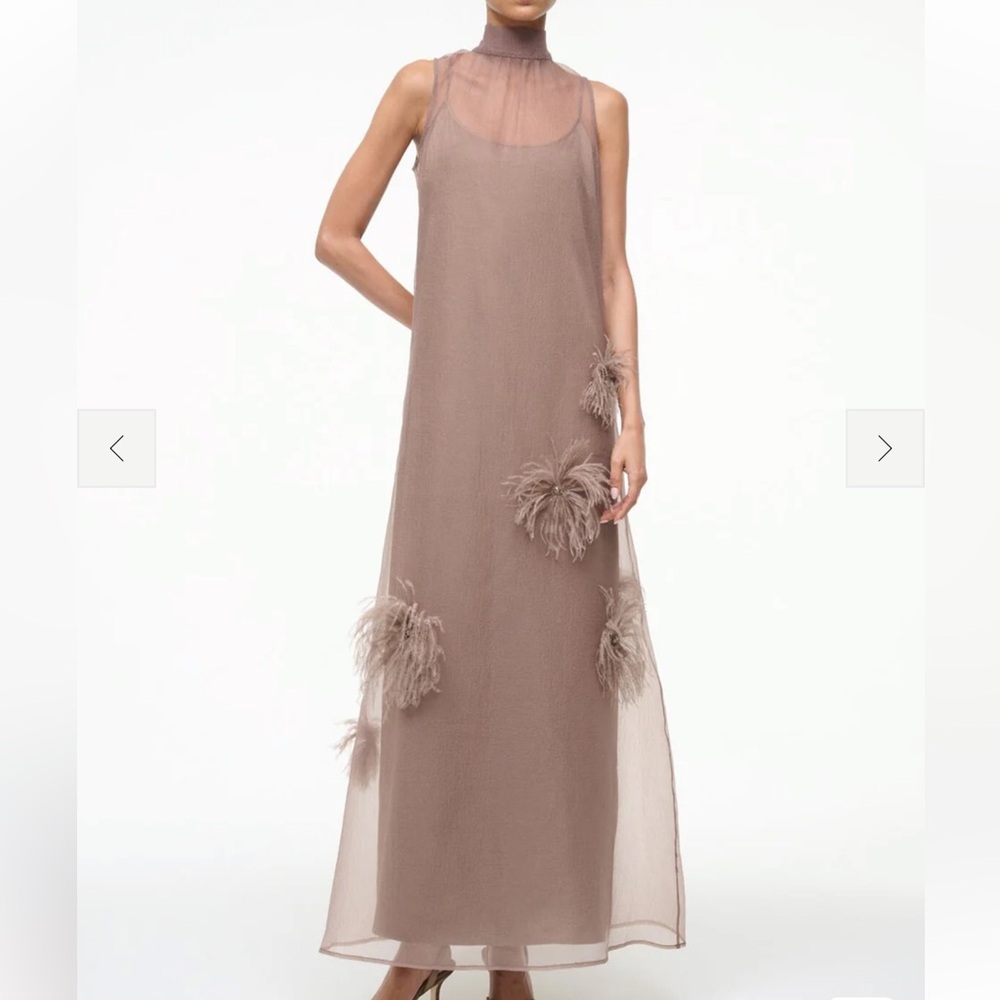 STAUD Brown Maxi Dress with Feather Embellishments